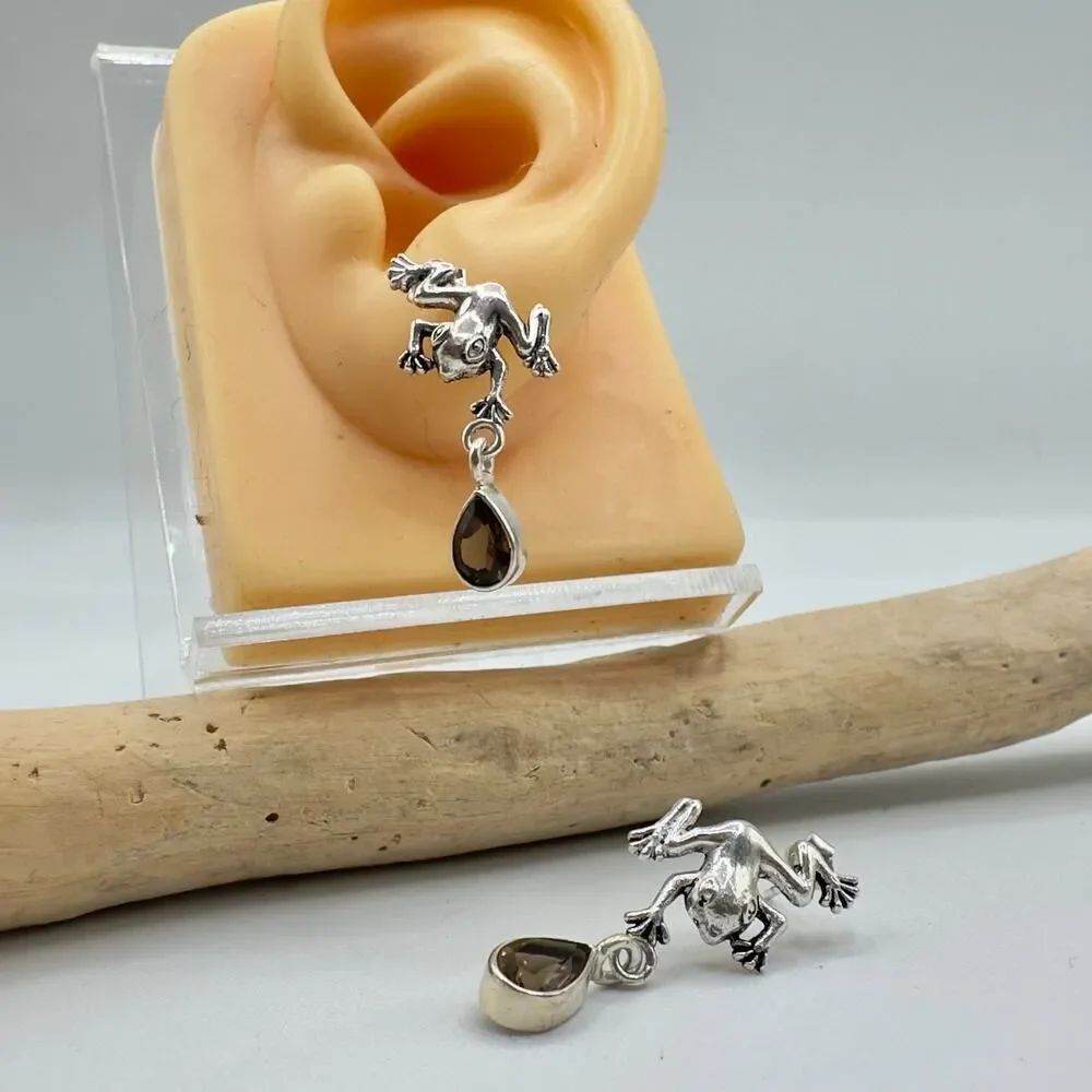 925 Sterling Silver Frog Smoky Topaz Earrings-Dangle Earrings